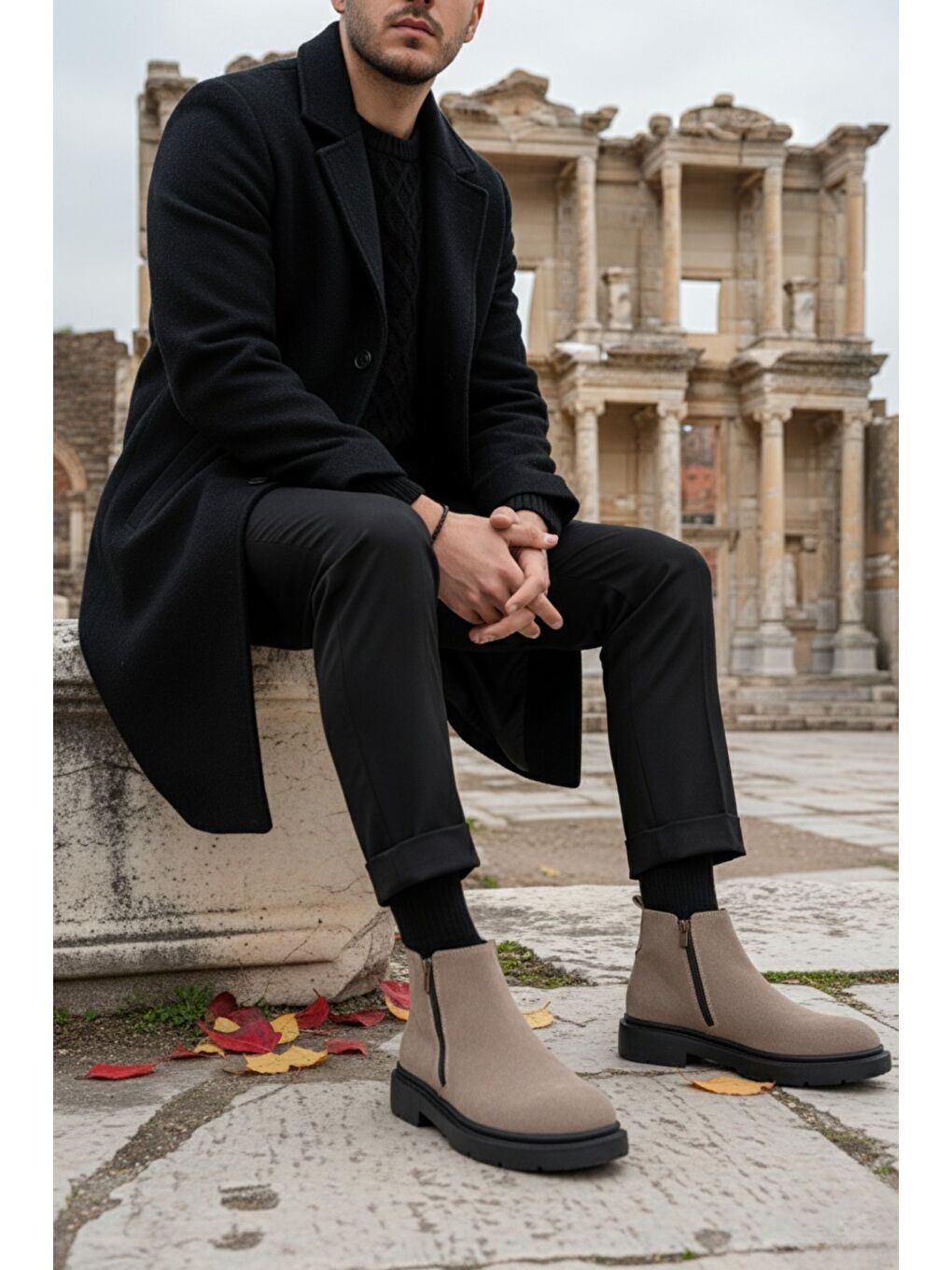 Bej ASTRA Hakiki Deri Çift Fermuarlı Erkek Casual Kışlık Bot-5