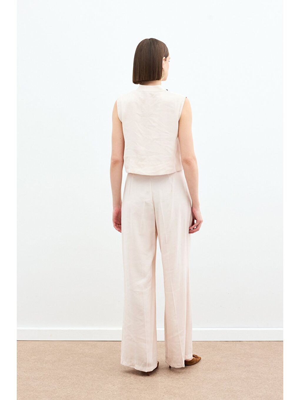 Bej Yüksek Bel Keten Pantolon - Taş-6