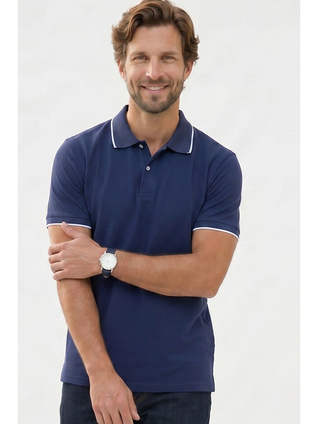 Erkek Regular Fit Klasik Kesim %100 Pamuk Kısa Kollu Çizgi Detaylı Lacivert Polo Yaka Tişört-6