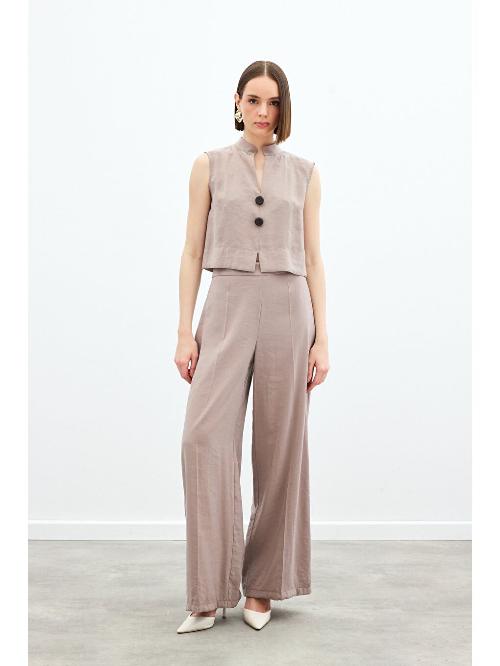 Bej Yüksek Bel Keten Pantolon - Vizon-1