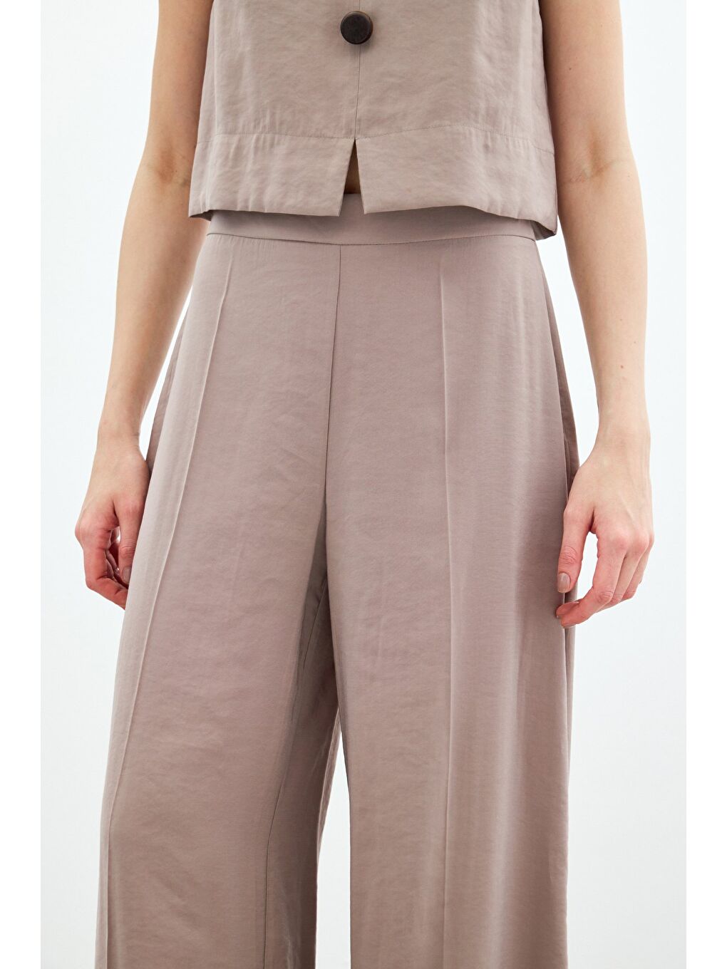 Bej Yüksek Bel Keten Pantolon - Vizon-2