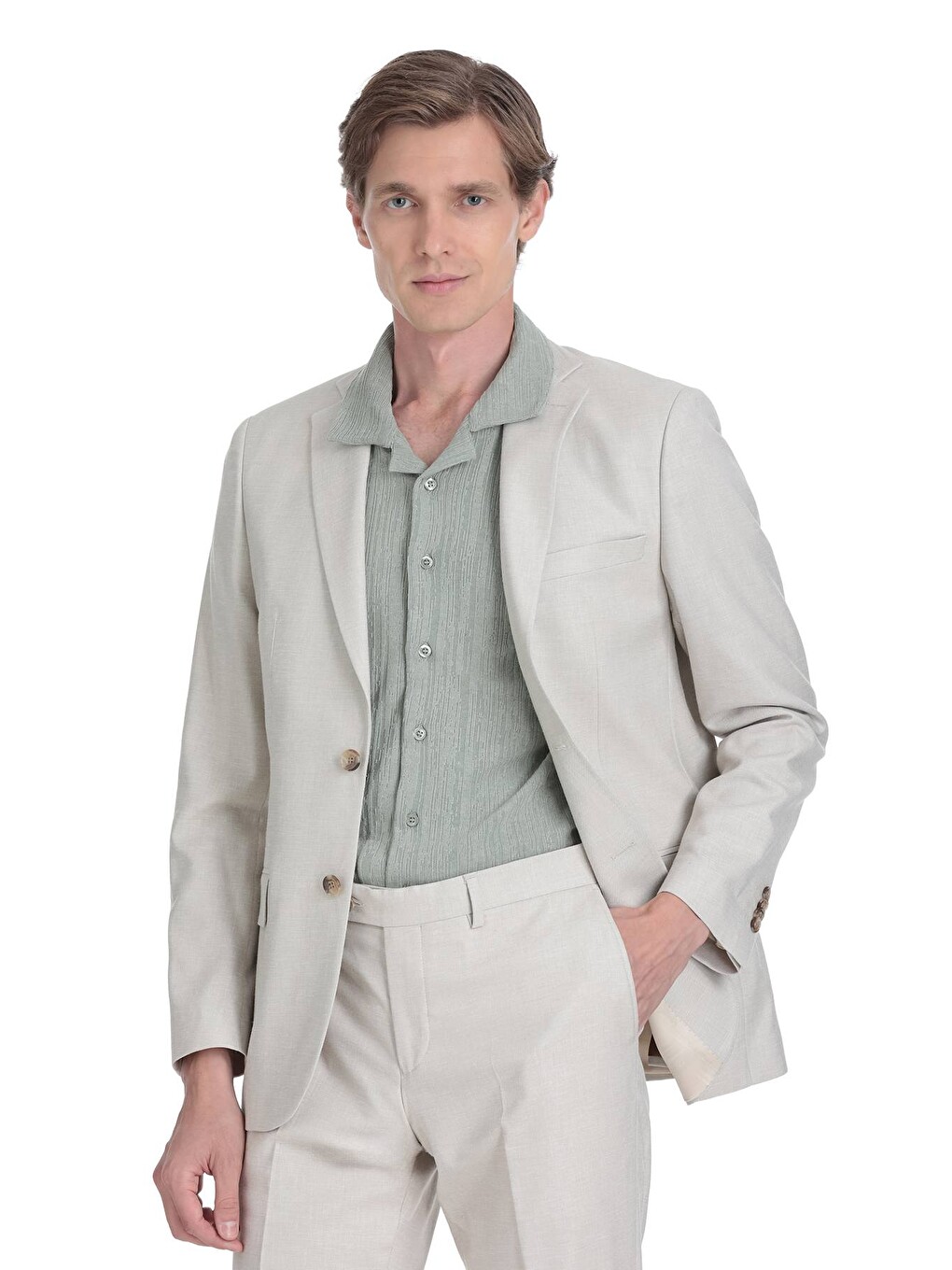 Bej Slim Fit Mono Yaka Keten Takım Elbise-1