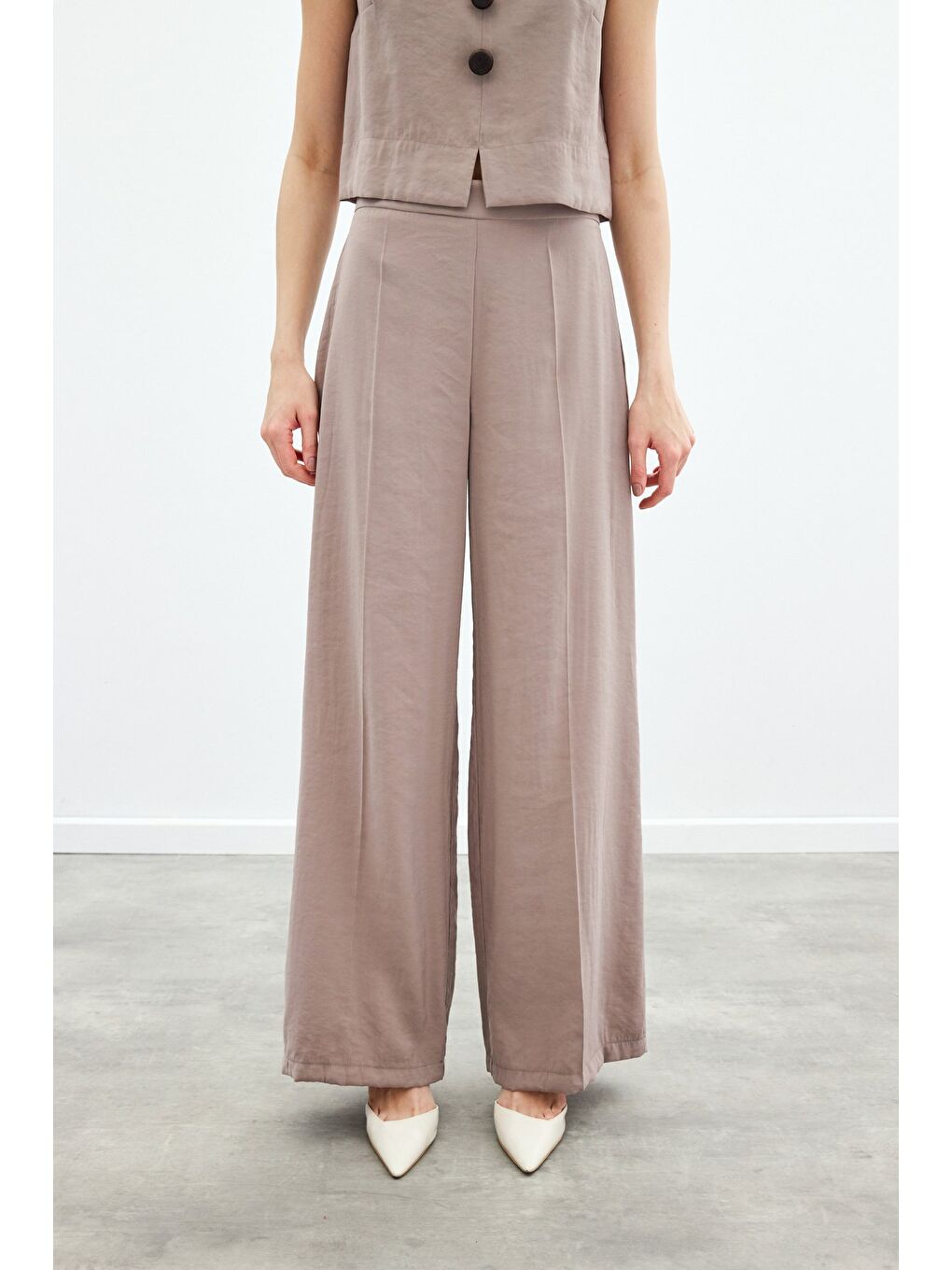 Bej Yüksek Bel Keten Pantolon - Vizon-3