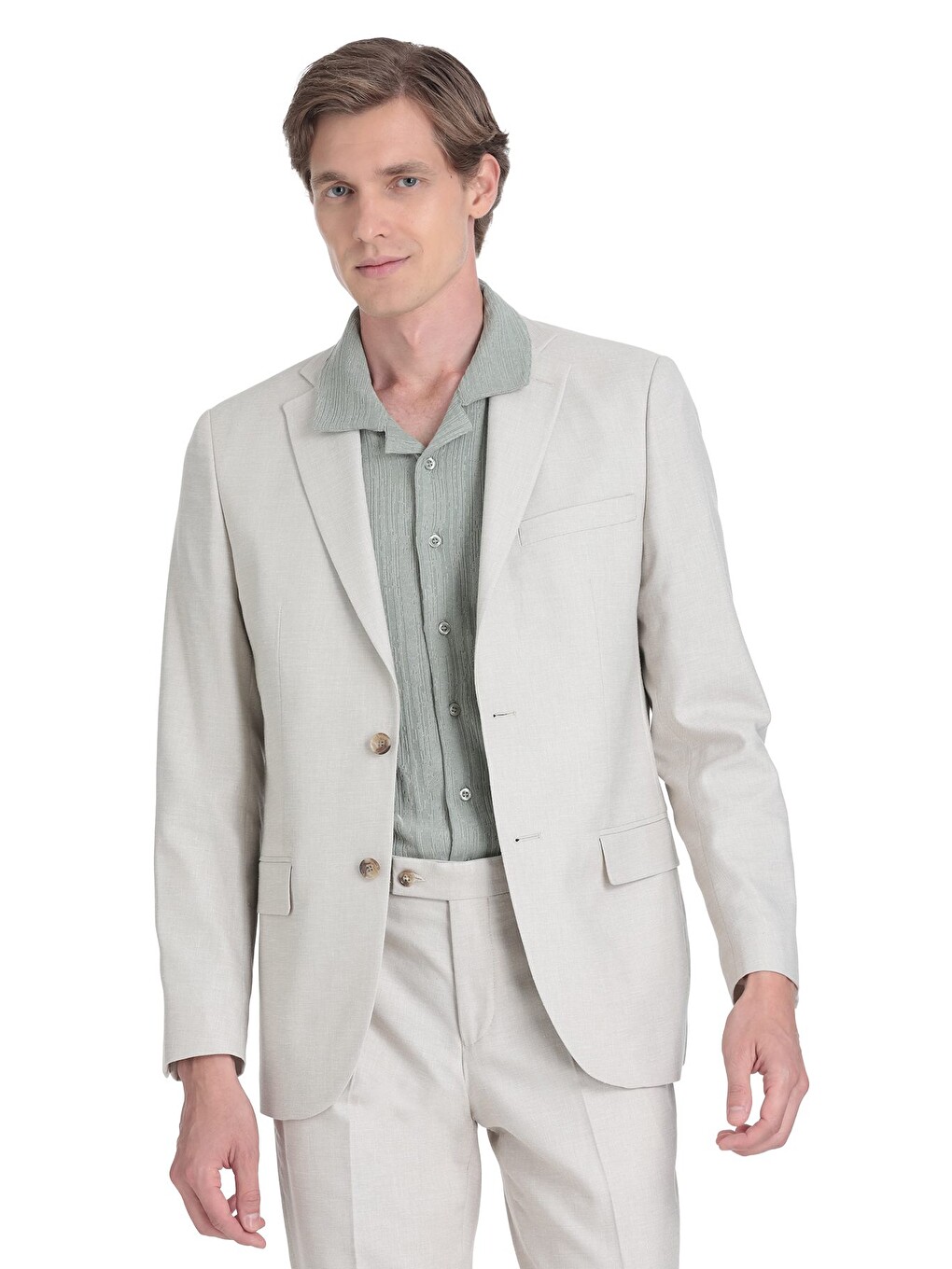 Bej Slim Fit Mono Yaka Keten Takım Elbise-2