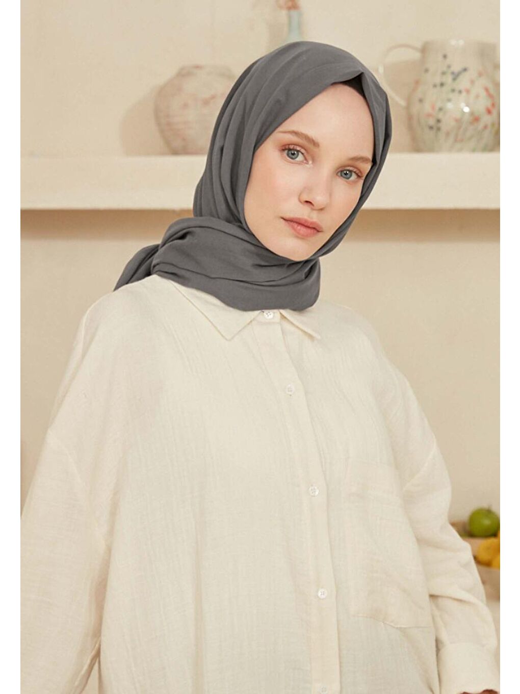 Gri İnce Pamuk Vual Şal Füme