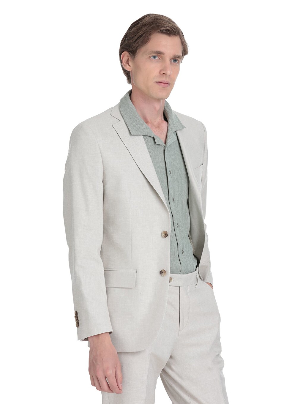 Bej Slim Fit Mono Yaka Keten Takım Elbise-3