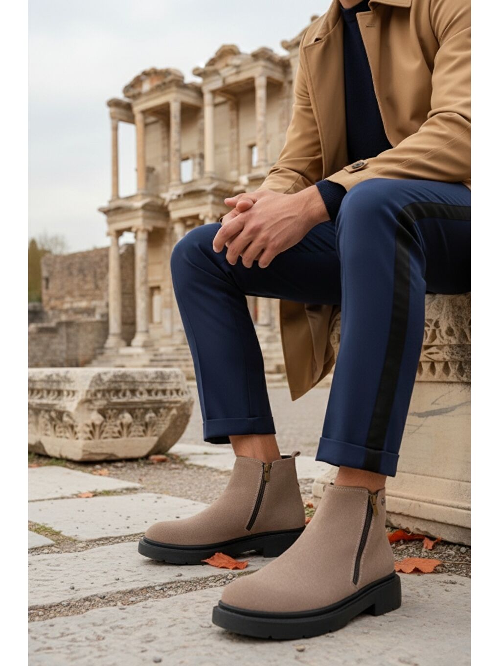 Bej ASTRA Hakiki Deri Çift Fermuarlı Erkek Casual Kışlık Bot-6