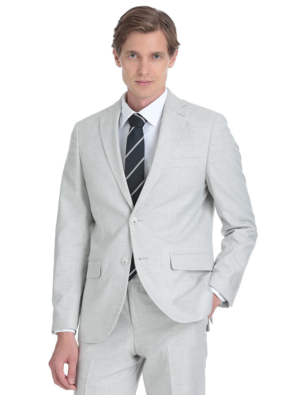 Gri Slim Fit Mono Yaka Keten Takım Elbise-1