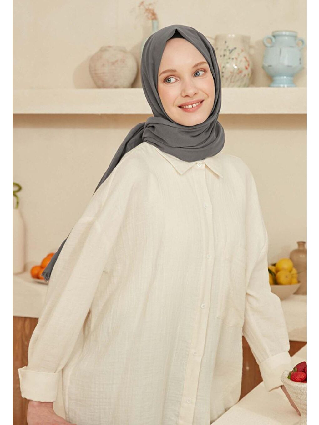 Gri İnce Pamuk Vual Şal Füme-1