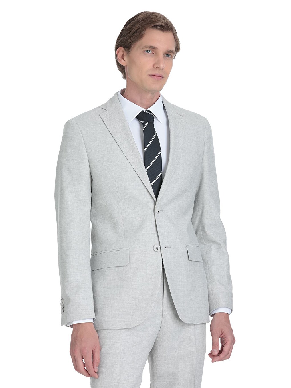 Gri Slim Fit Mono Yaka Keten Takım Elbise-2