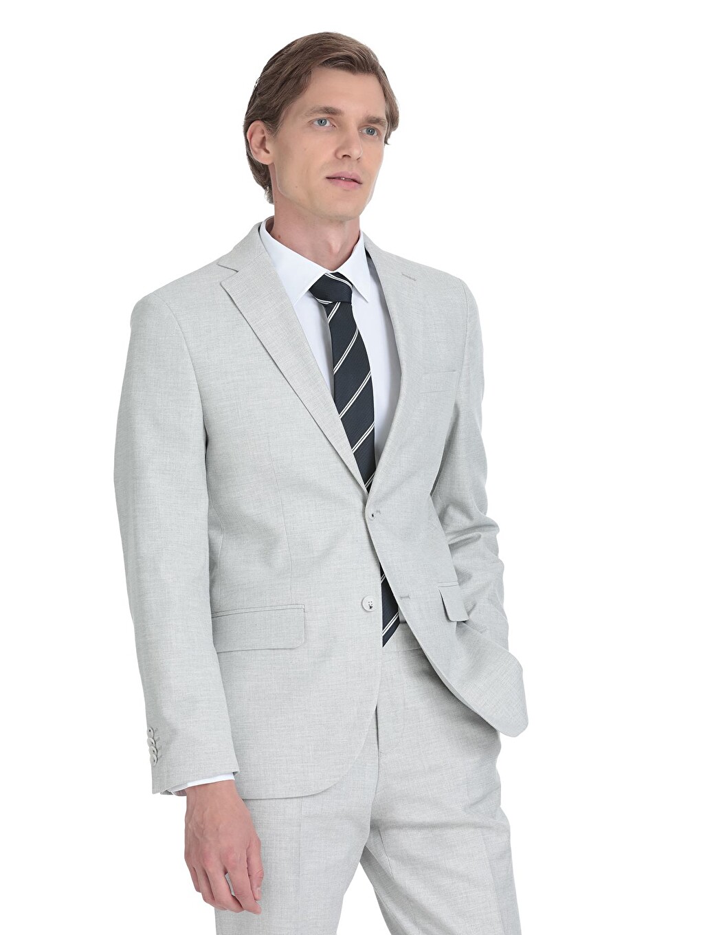 Gri Slim Fit Mono Yaka Keten Takım Elbise-3