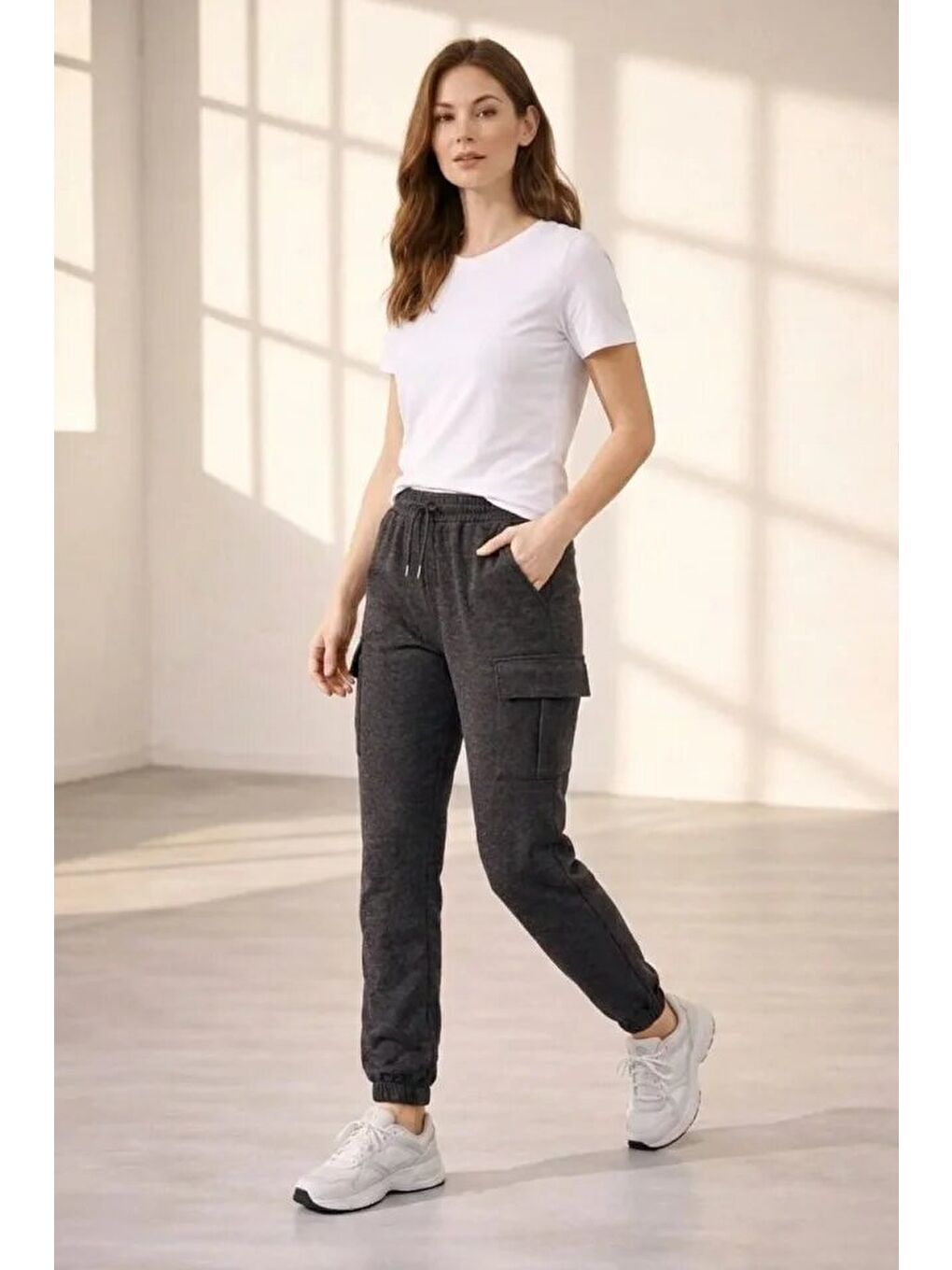 Gri Jogger Eşofman Altı Rahat Kalıp, Kargo Cepli, Lastikli Paça, Günlük Spor Pantolon - Füme-2