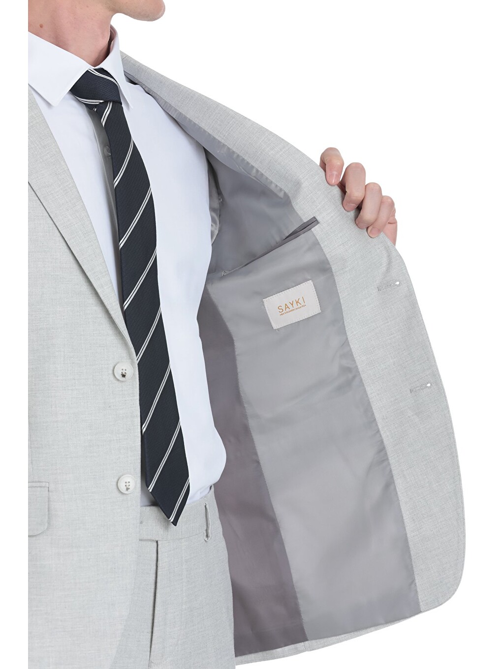 Gri Slim Fit Mono Yaka Keten Takım Elbise-4