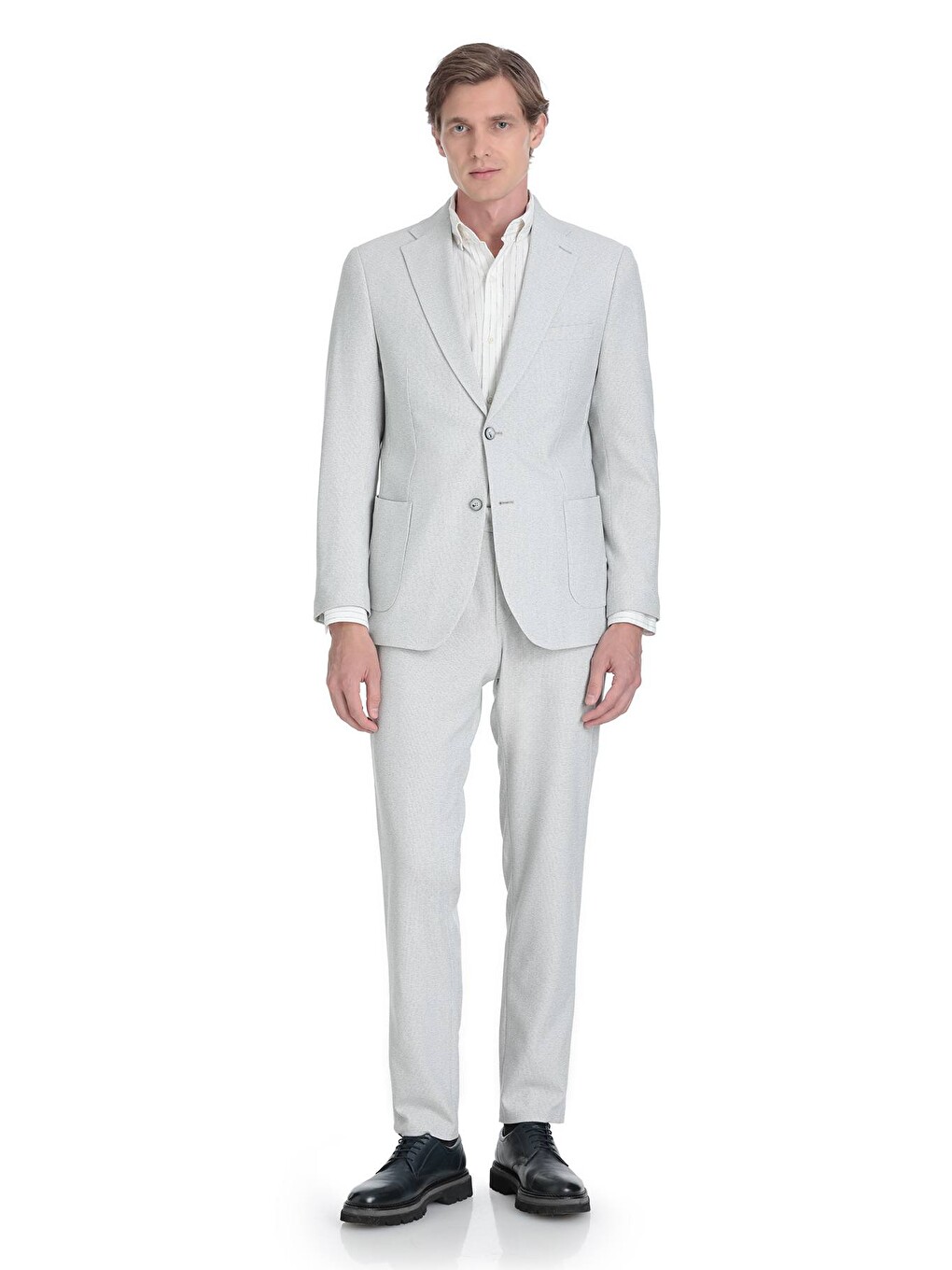 Gri Slim Fit Mono Yaka Klasik Takım Elbise