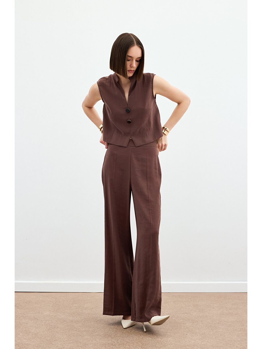 Kahverengi Yüksek Bel Keten Pantolon - Kahve