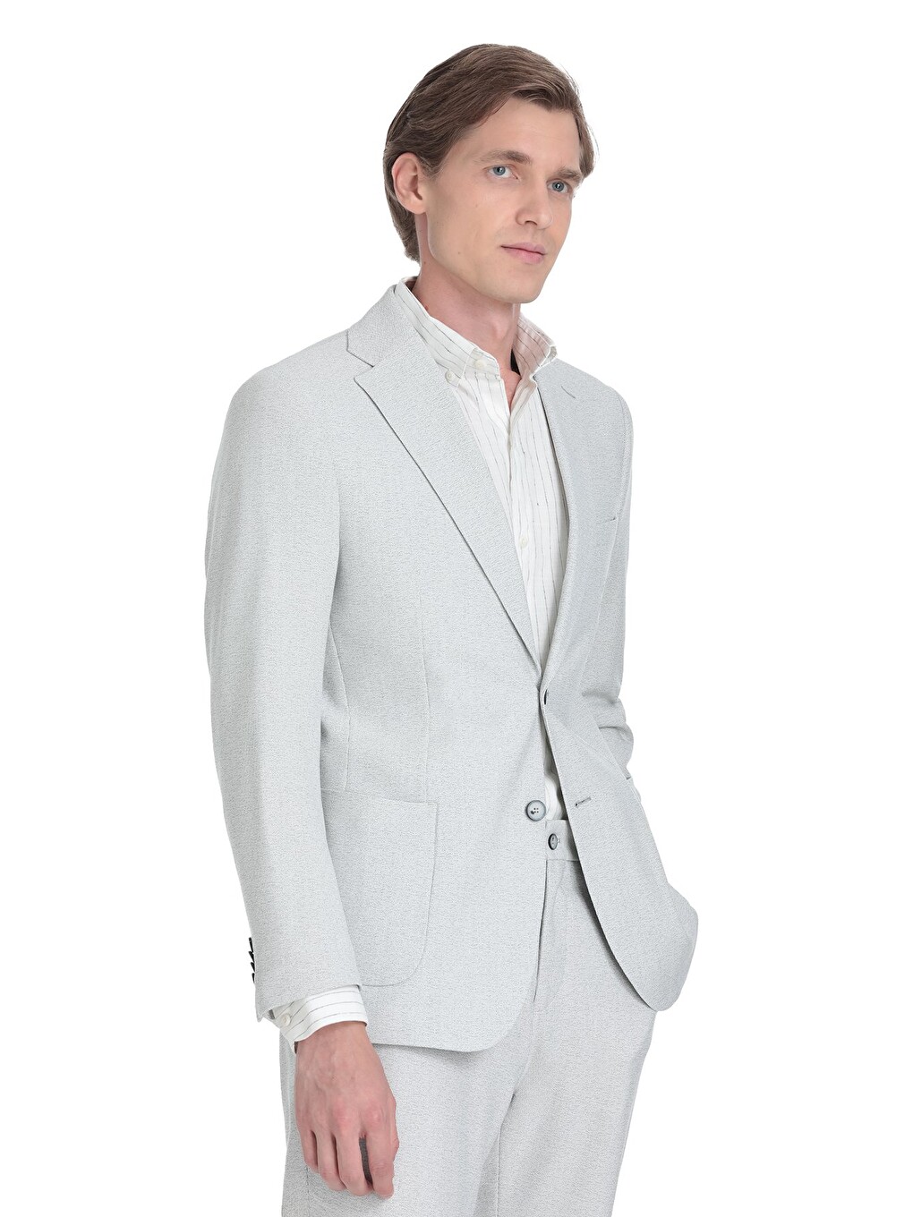 Gri Slim Fit Mono Yaka Klasik Takım Elbise-1