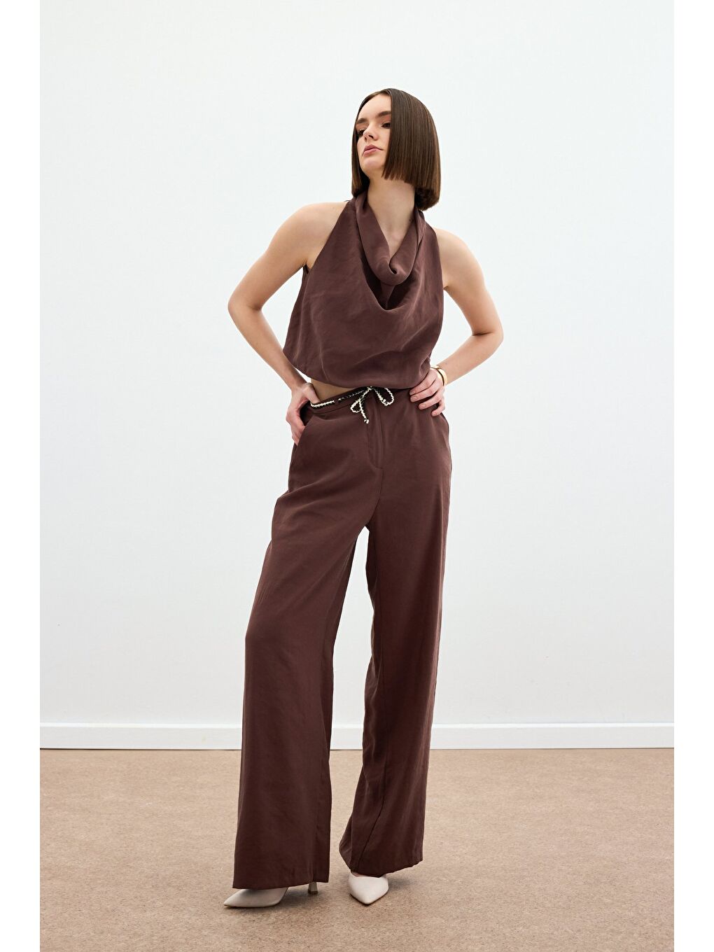 Kahverengi Örgü Kemerli Pantolon - Kahve-2