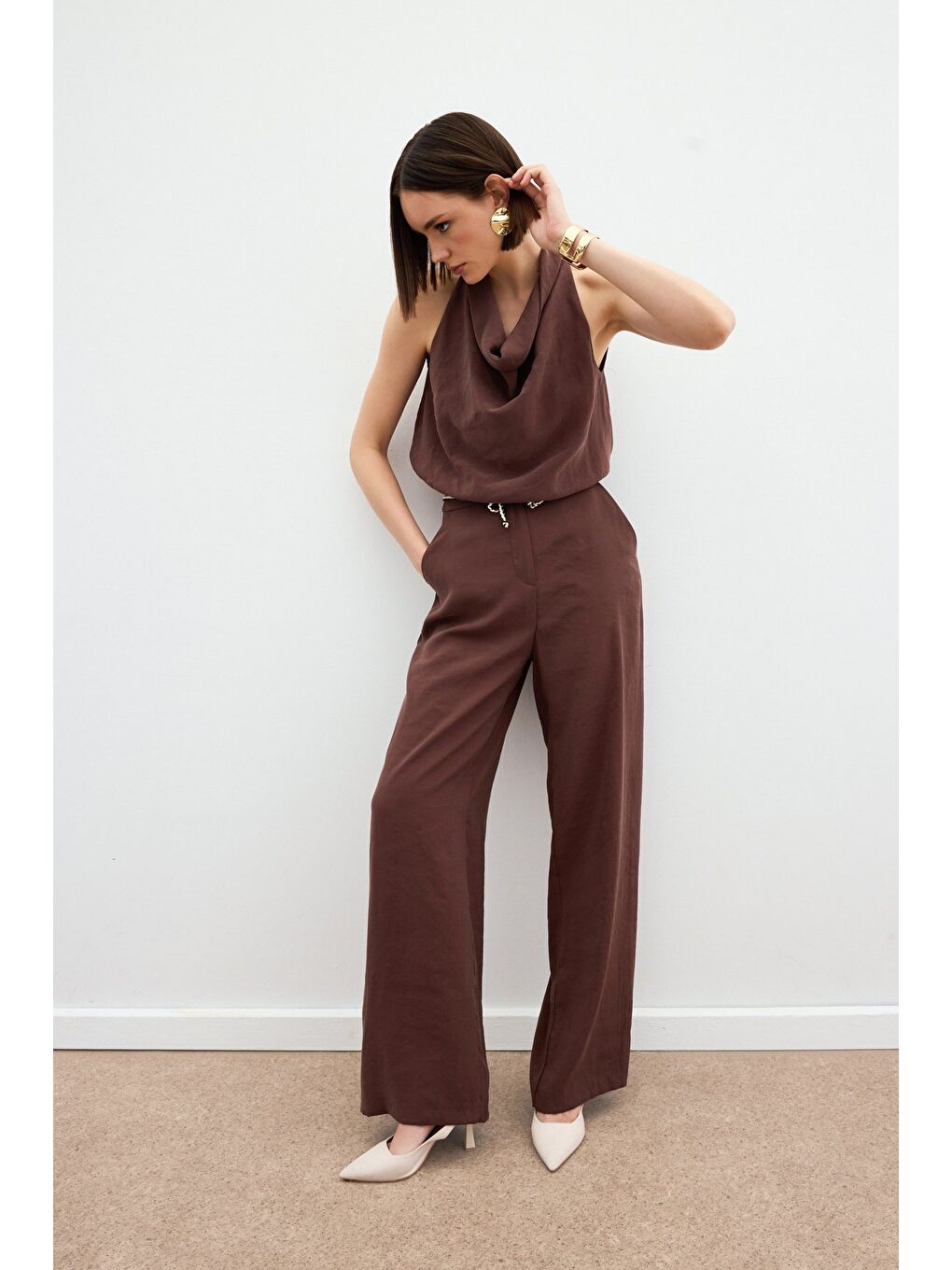 Kahverengi Örgü Kemerli Pantolon - Kahve-3