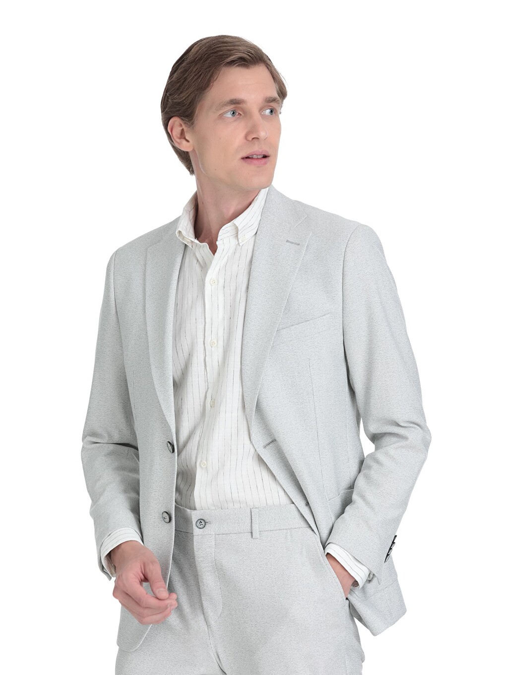 Gri Slim Fit Mono Yaka Klasik Takım Elbise-3