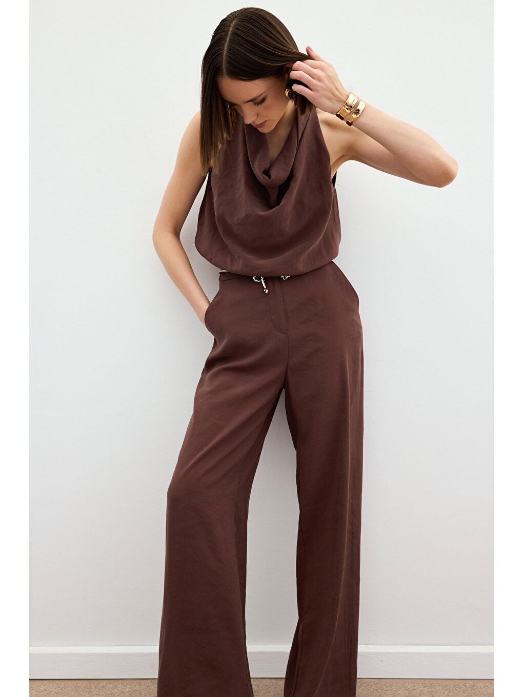 Kahverengi Örgü Kemerli Pantolon - Kahve-4