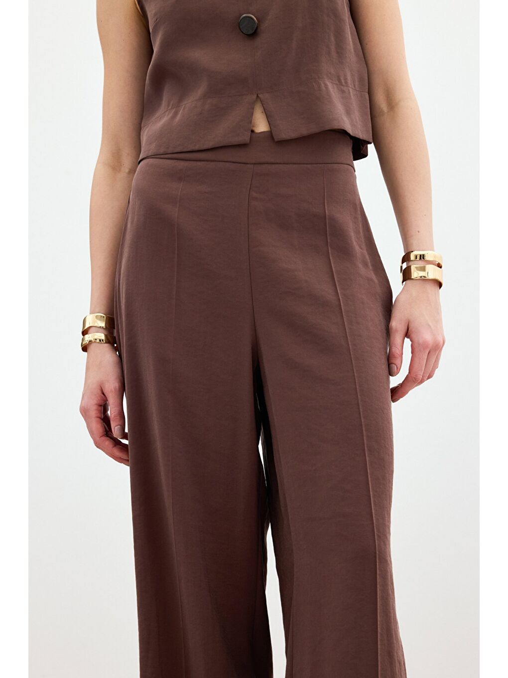 Kahverengi Yüksek Bel Keten Pantolon - Kahve-4