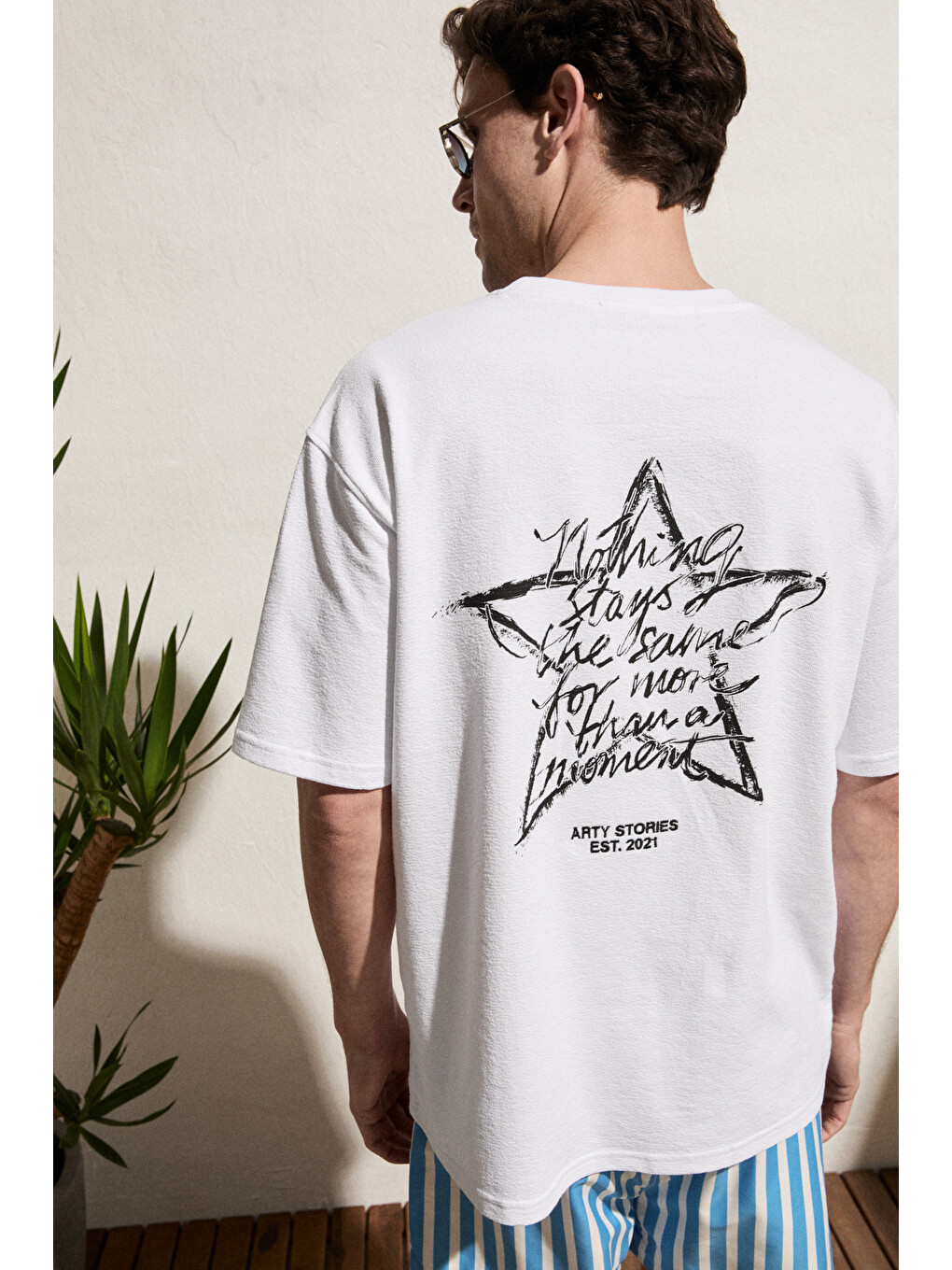 Beyaz CALIDO Erkek Organik Pamuklu Baskı Ve Nakışlı Bisiklet Yaka Oversıze BEYAZ T-Shirt-1