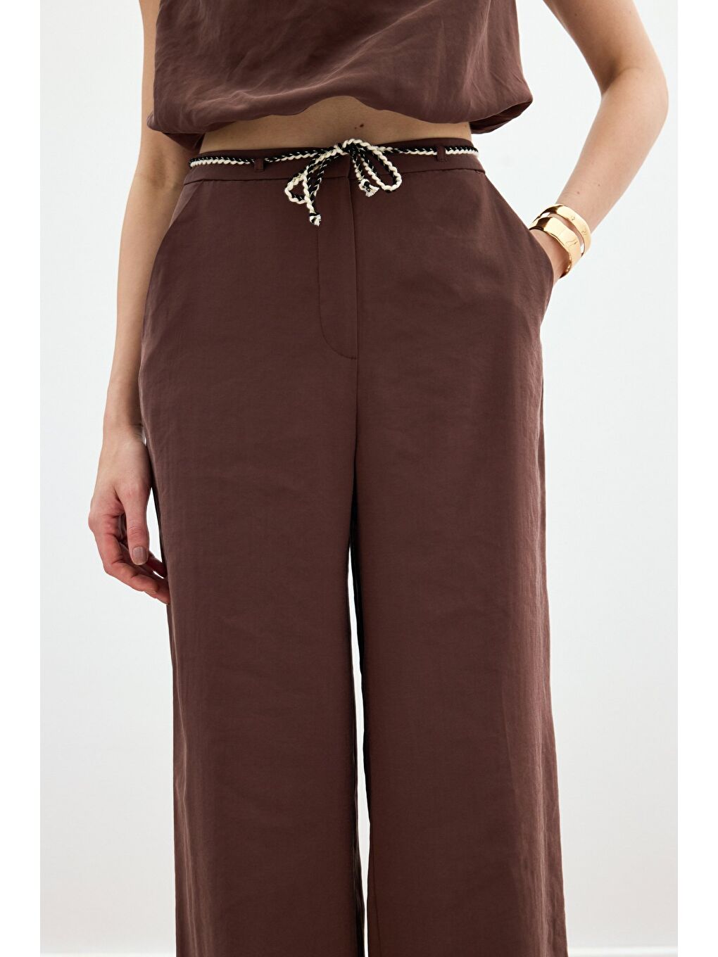 Kahverengi Örgü Kemerli Pantolon - Kahve-5