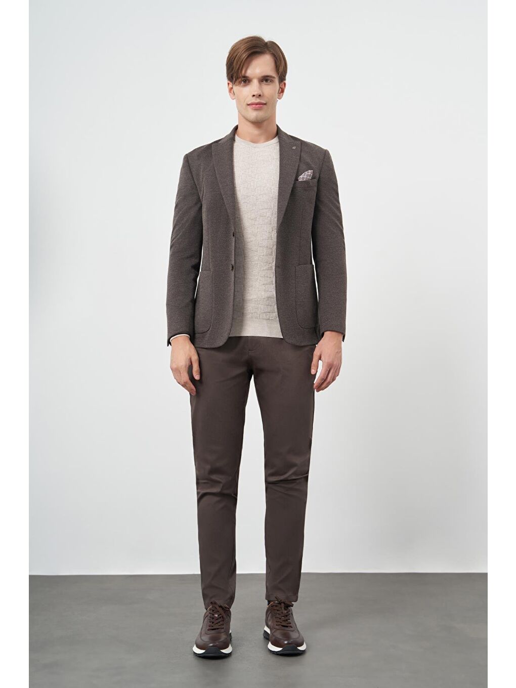 Koyu Kahverengi Örme Kılıç Yaka 6 Drop Slim Fit Ceket 1002245156-1