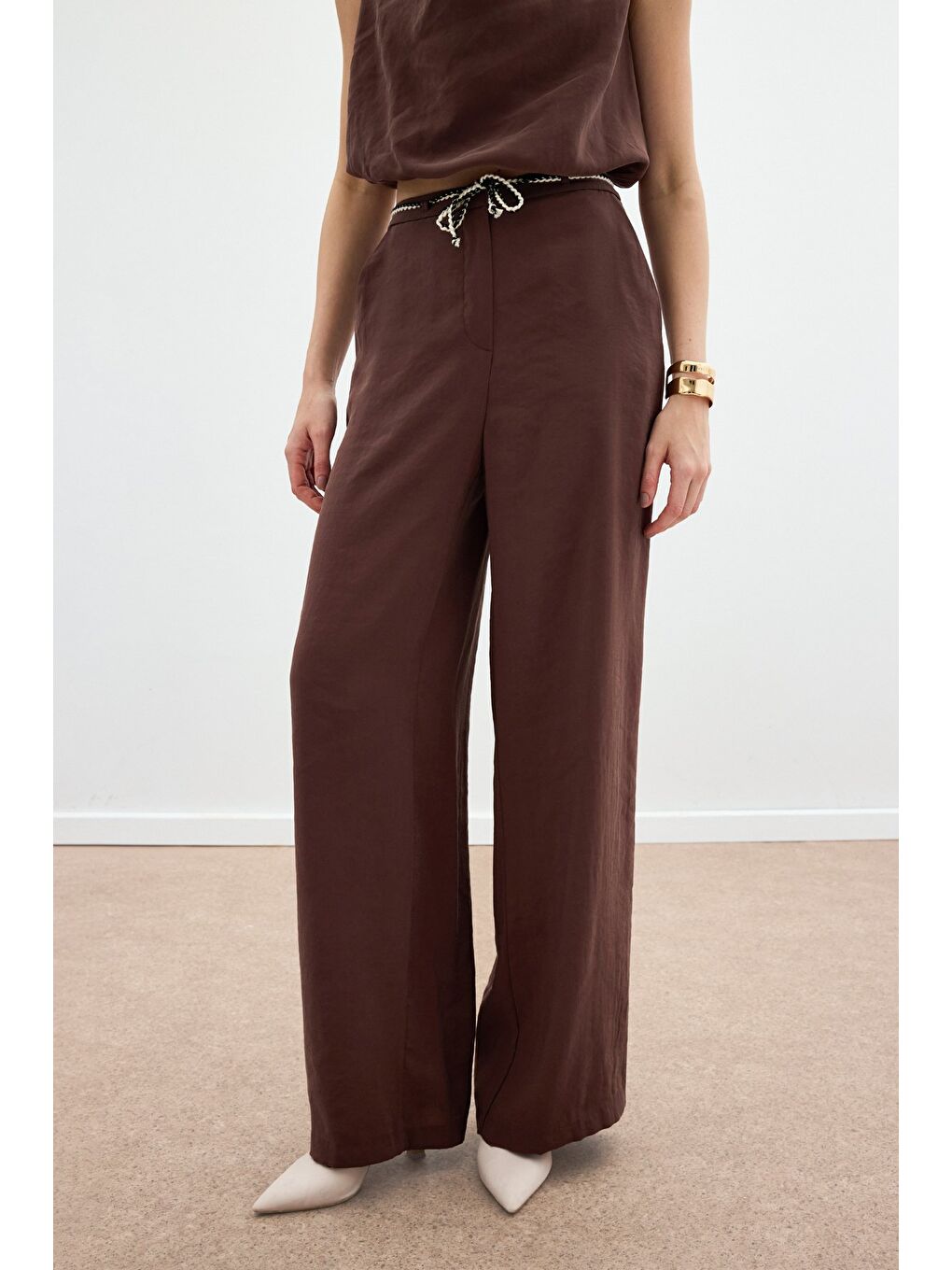 Kahverengi Örgü Kemerli Pantolon - Kahve-6