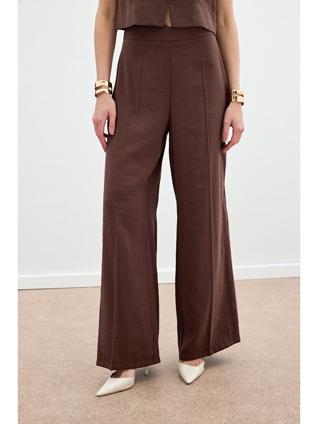 Kahverengi Yüksek Bel Keten Pantolon - Kahve-5