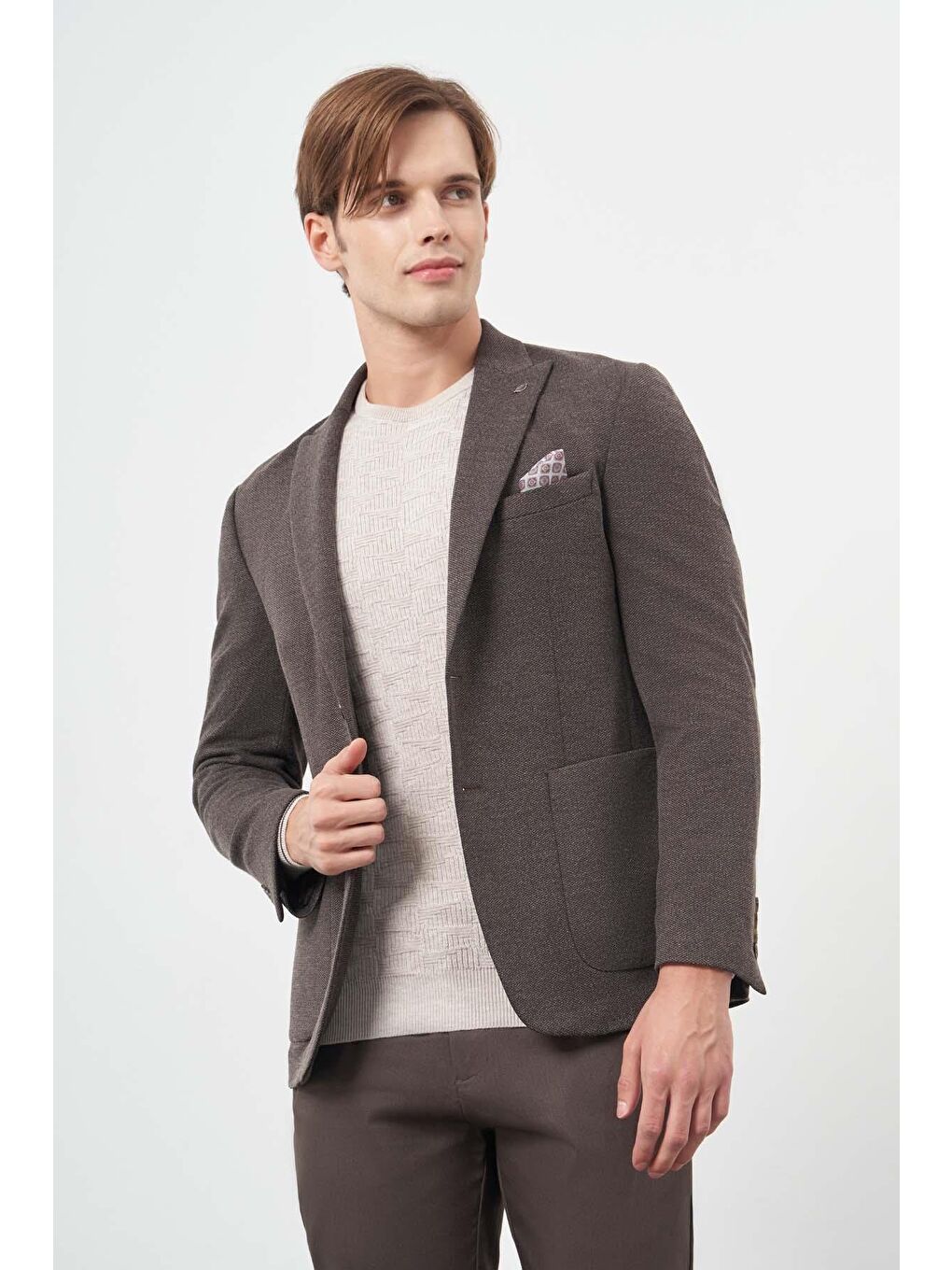 Koyu Kahverengi Örme Kılıç Yaka 6 Drop Slim Fit Ceket 1002245156-2