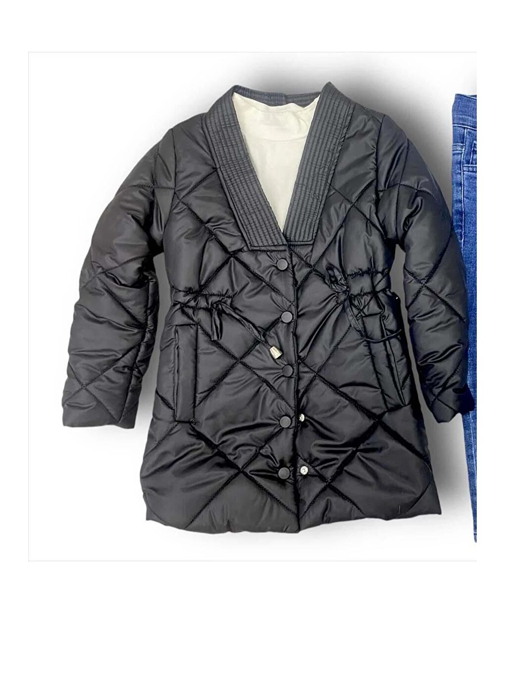 Kız Çocuk Yakası Şerit ve Üzeri Kare Dikiş Detaylı Cepli Çıtçıt Düğme Şişme Siyah Mont-2