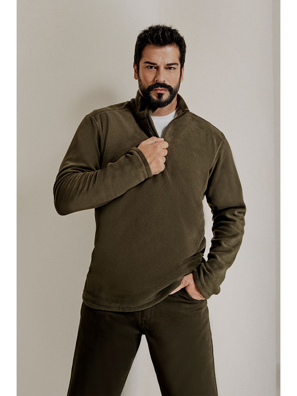 Erkek Haki Anti-Pilling Tüylenme Yapmayan Standart Fit Dik Yaka Polar Sweatshirt-1