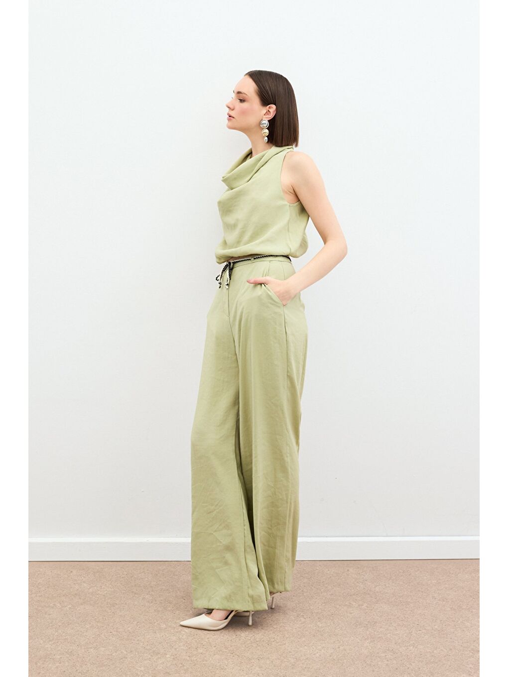 Örgü Kemerli Pantolon - Yağ Yeşili-2