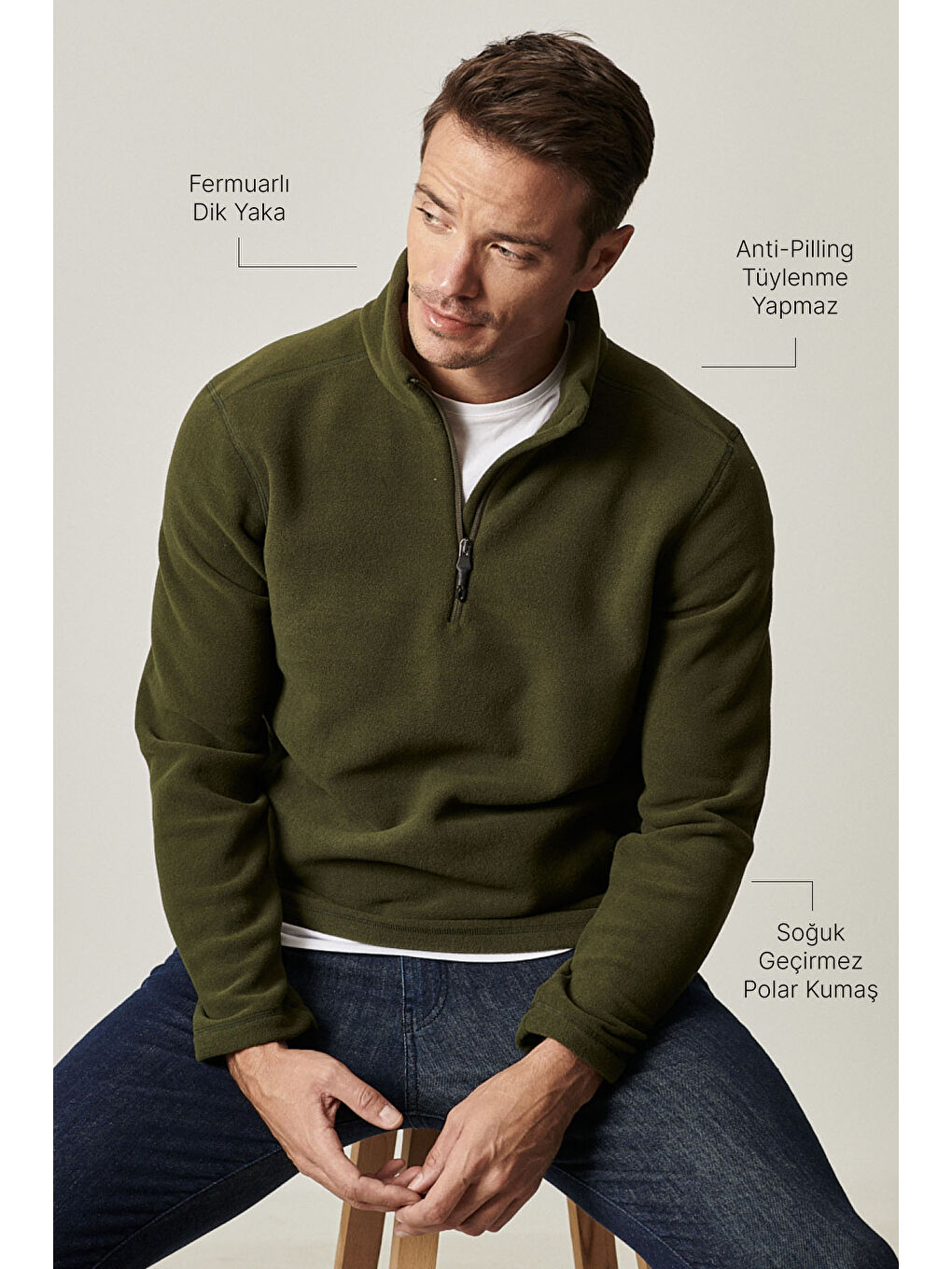 Erkek Haki Anti-Pilling Tüylenme Yapmayan Standart Fit Dik Yaka Polar Sweatshirt-3