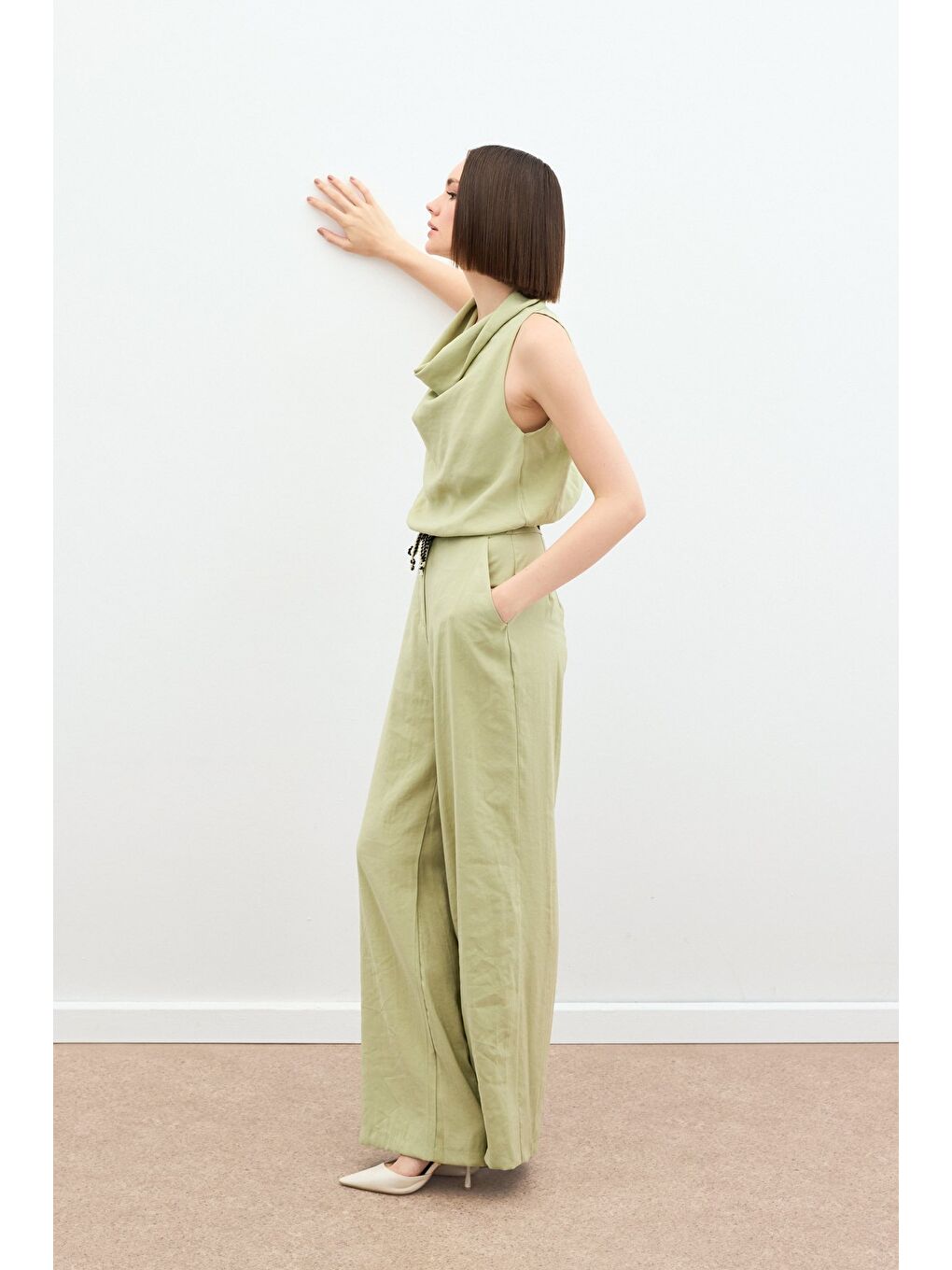 Örgü Kemerli Pantolon - Yağ Yeşili-3