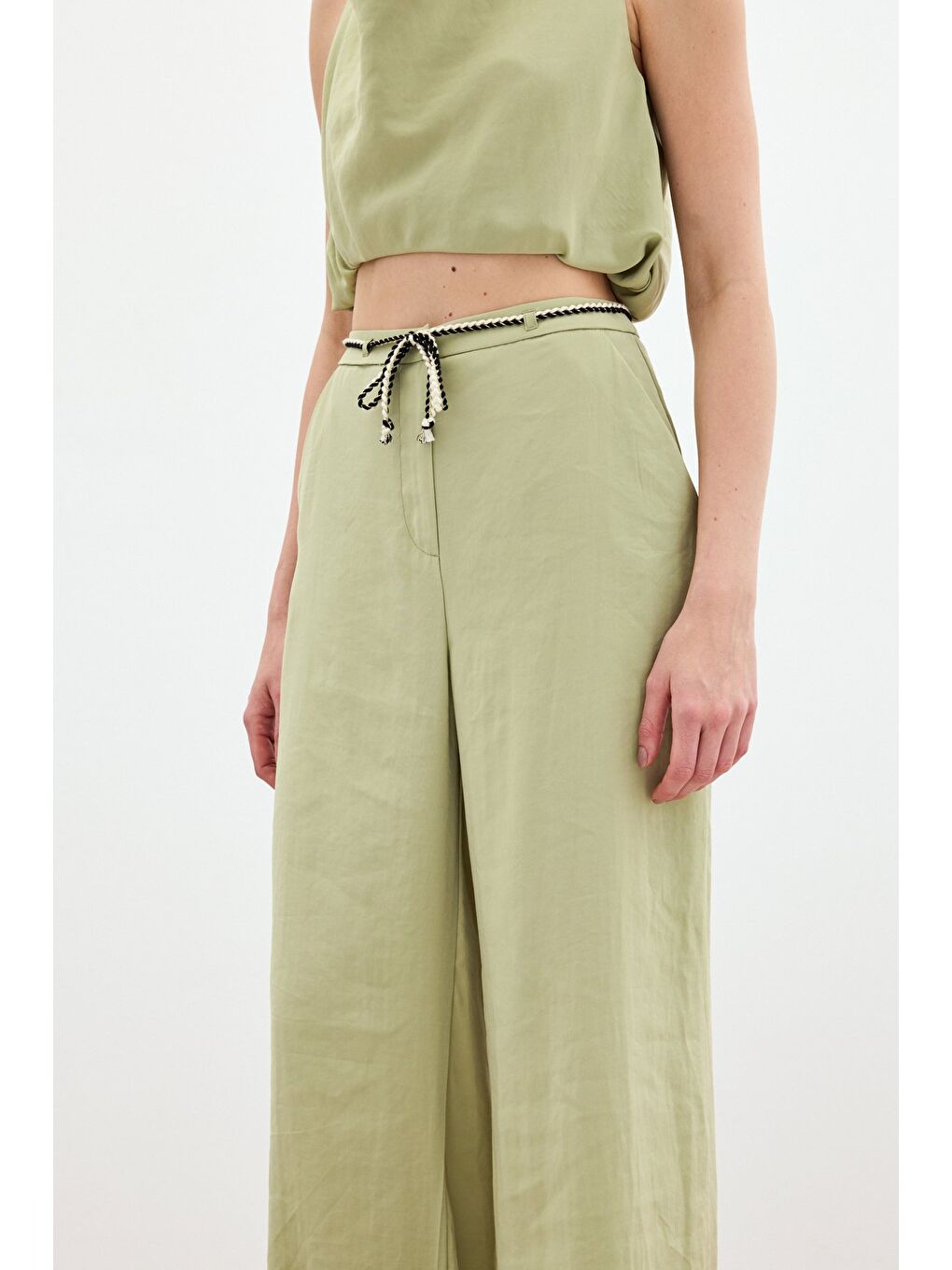Örgü Kemerli Pantolon - Yağ Yeşili-4