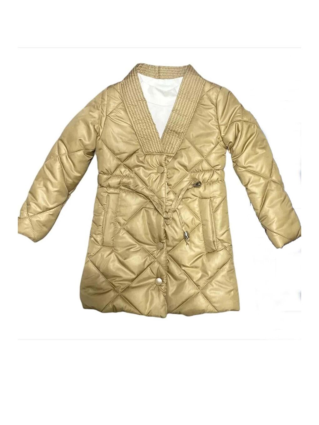 Ekru Kız Çocuk Yakası Şerit ve Üzeri Kare Dikiş Detaylı Cepli Çıtçıt Düğme Şişme Krem Mont-3