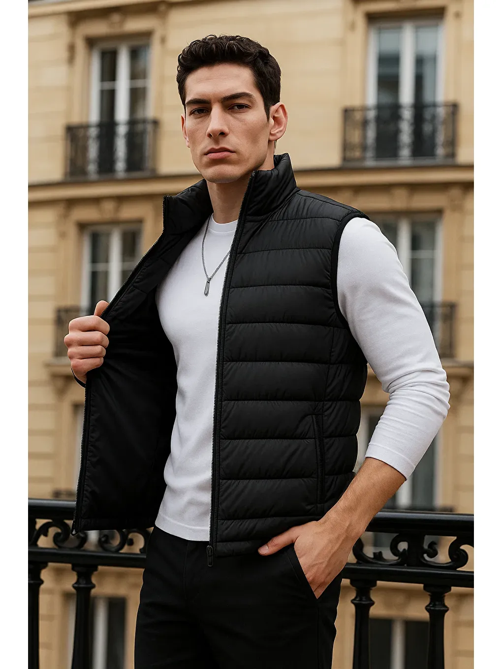 Erkek Kışlık Cepli Trend Fermuarlı Siyah Şişme Yelek-1