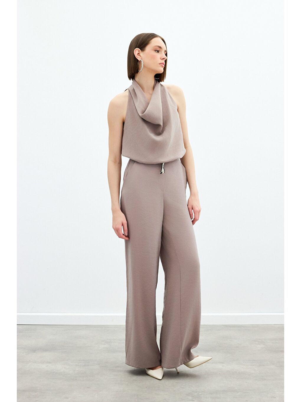 Bej Örgü Kemerli Pantolon - Vizon