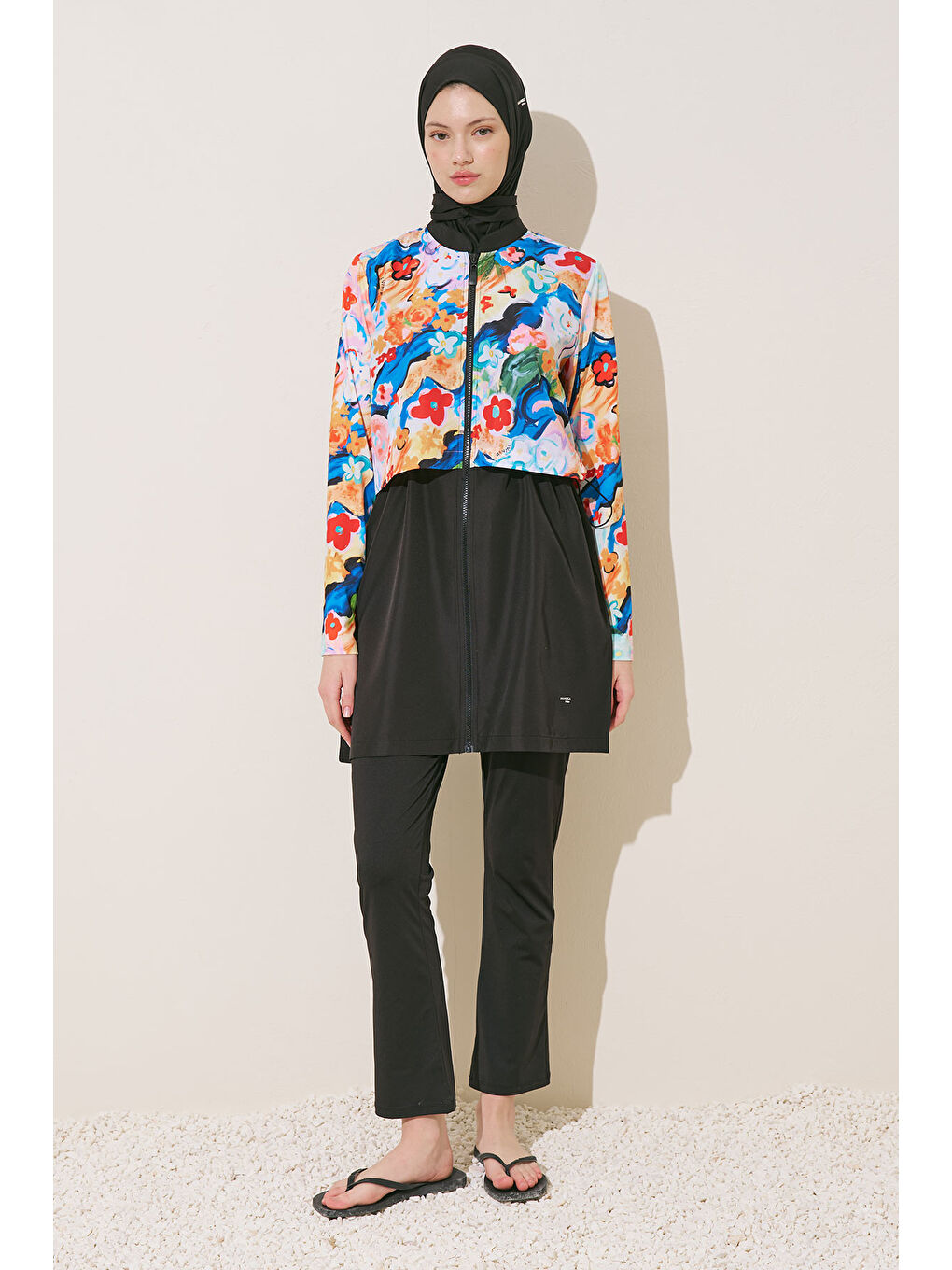 Mavi Fermuarlı 3'Lü Tesettür Mayo Takım Color Brush-1