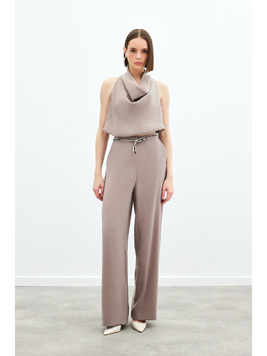 Bej Örgü Kemerli Pantolon - Vizon-1