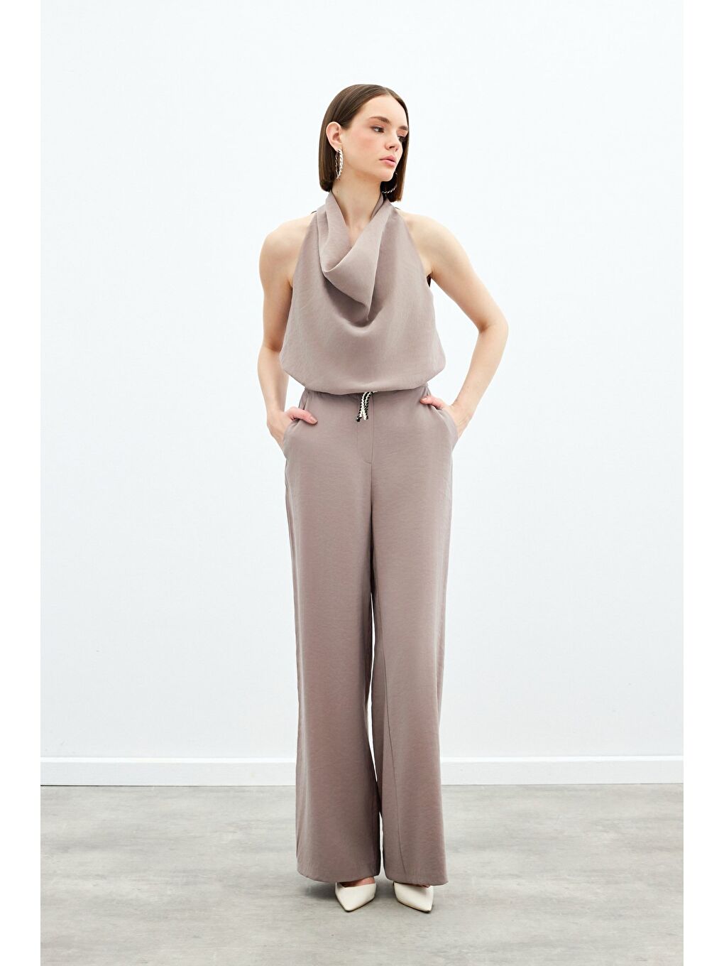 Bej Örgü Kemerli Pantolon - Vizon-2