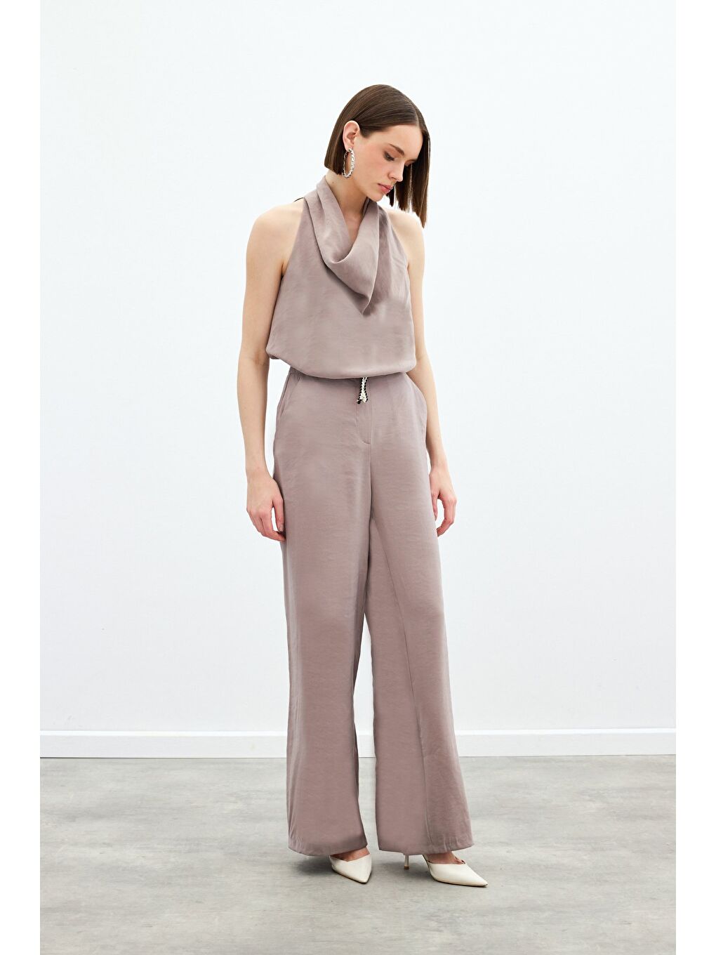 Bej Örgü Kemerli Pantolon - Vizon-3