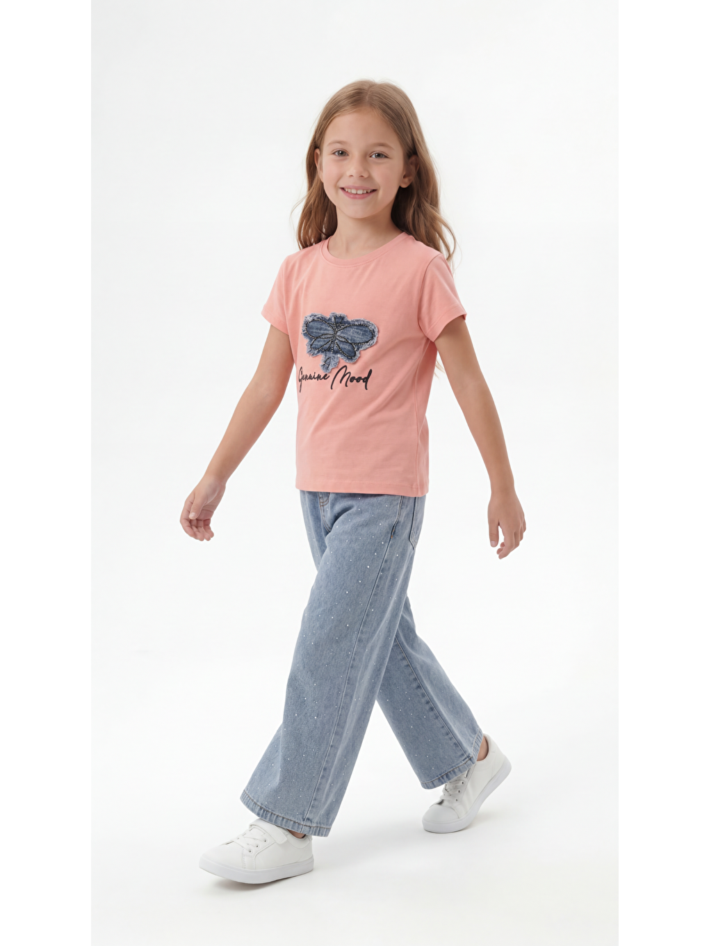 Pembe Kelebek Detaylı Kız Çocuk Tişört-Pantolon Takım-1