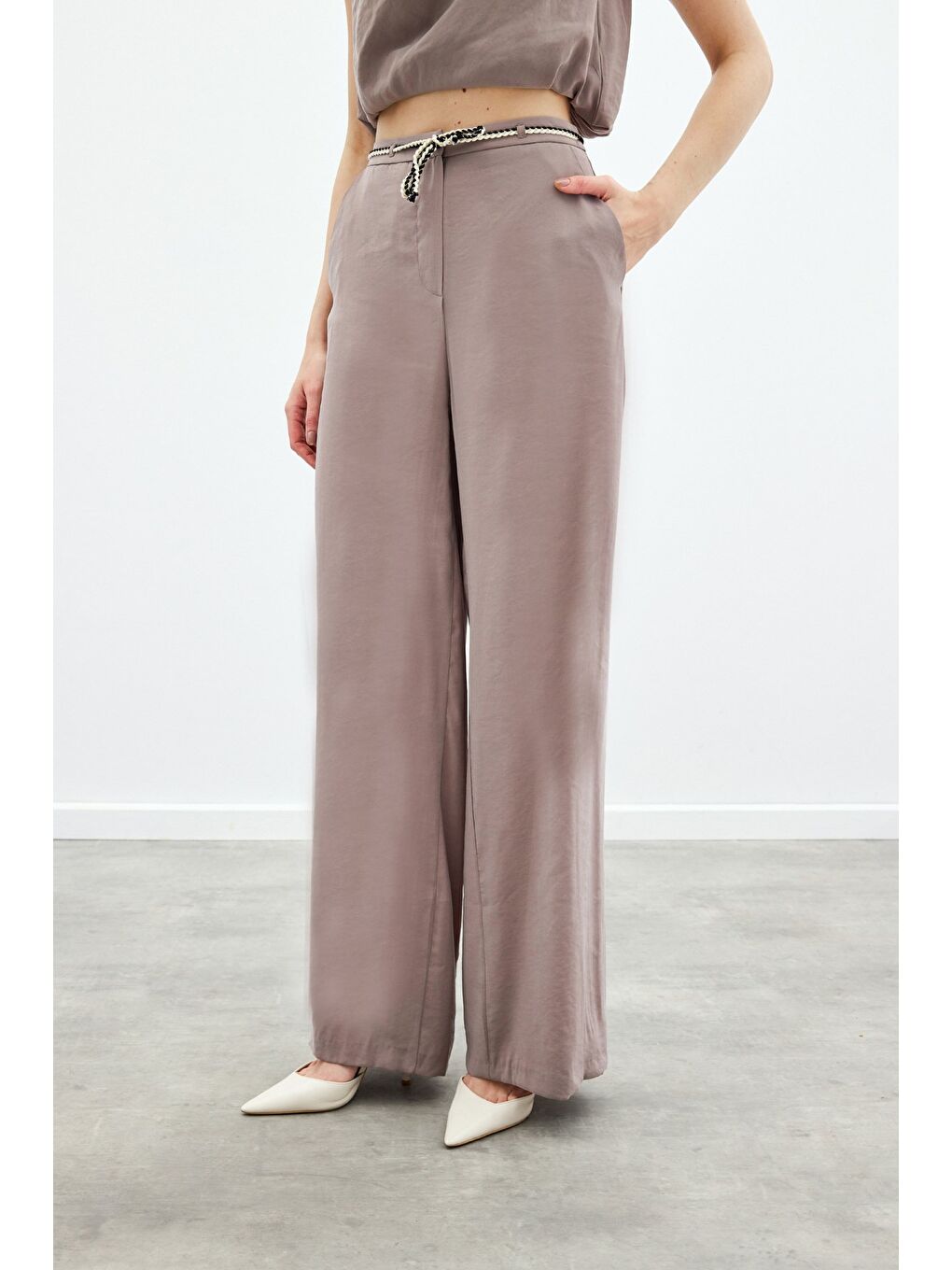 Bej Örgü Kemerli Pantolon - Vizon-6