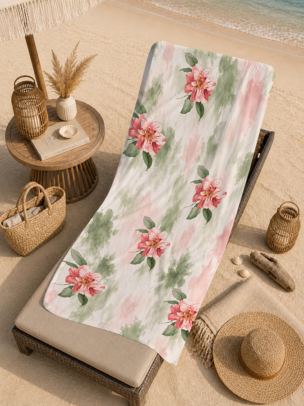 Suluboya Yeşil Pembe Çiçekli Desenli 70x150 Plaj Havlusu - Dijital Baskılı Solmaz Banyo Havlusu-1