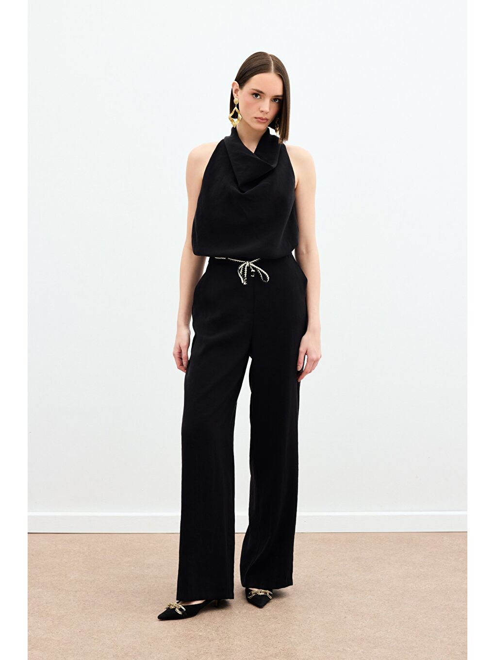 Örgü Kemerli Pantolon - Siyah-1