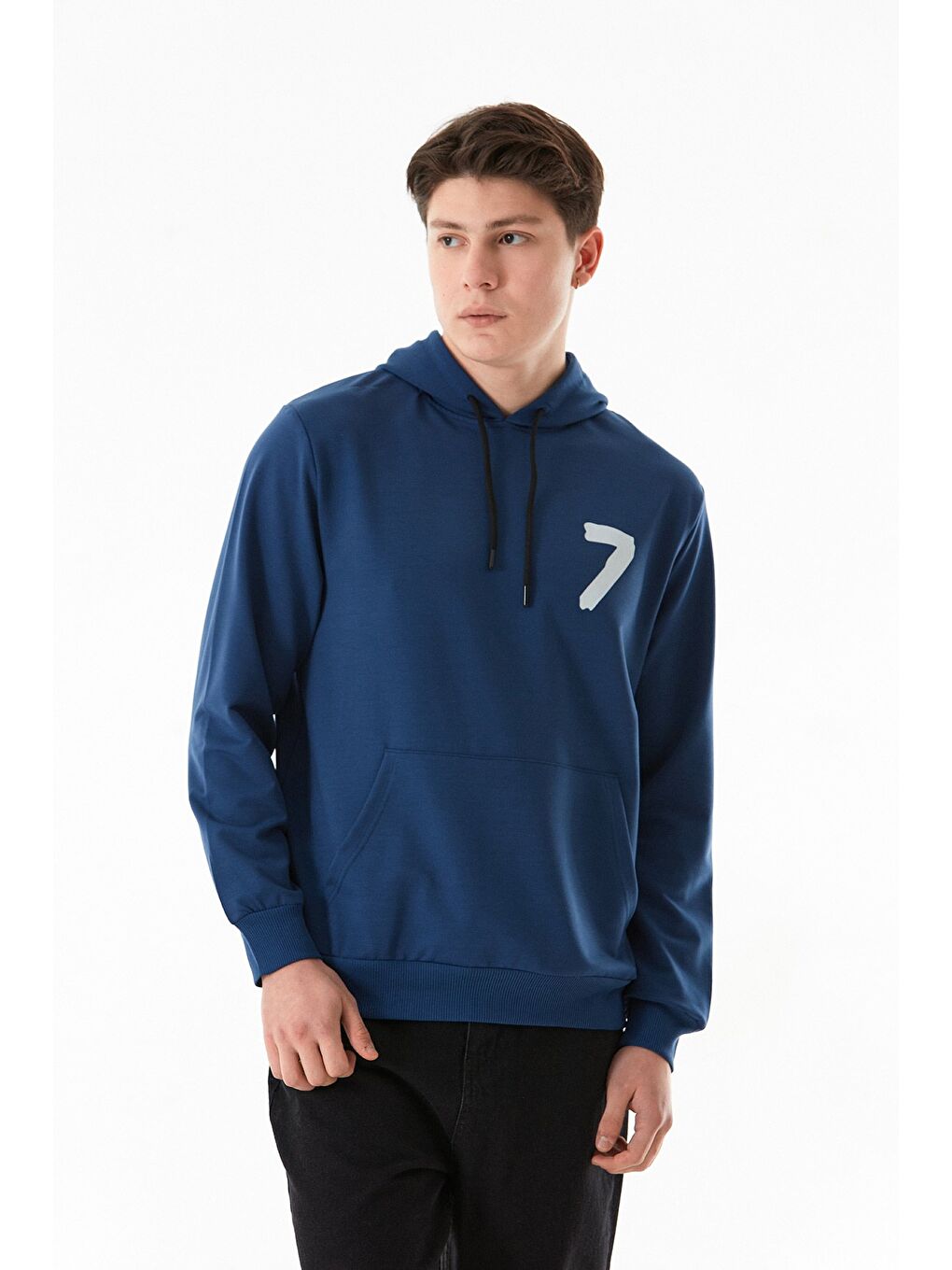 Fullamoda İndigo 7 Baskılı Kanguru Cepli Kapüşonlu Sweatshirt - 2