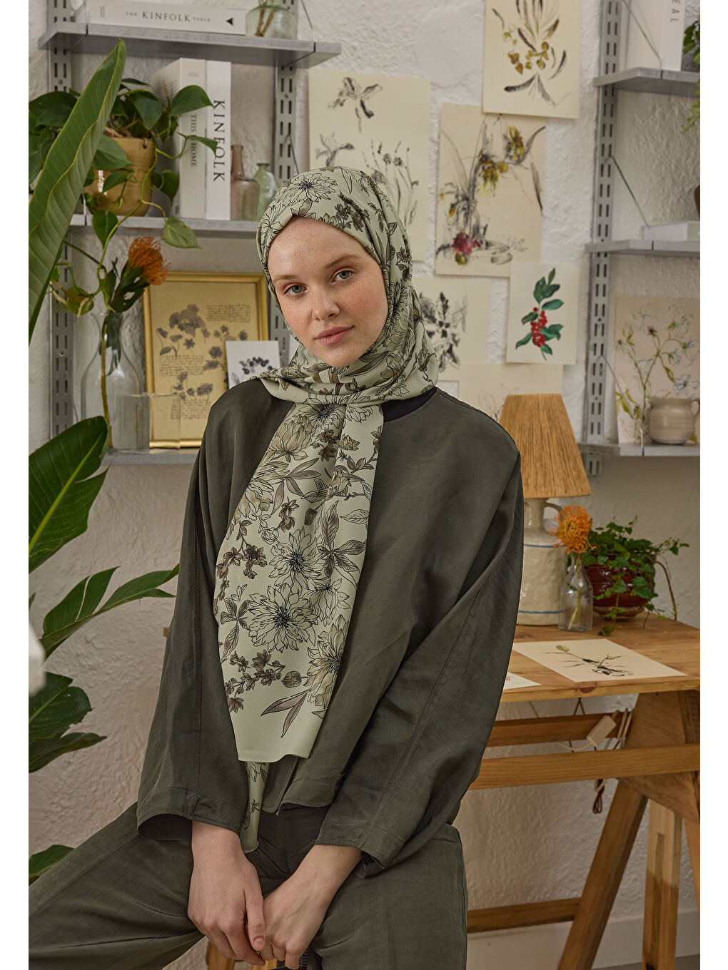 Kahverengi Aster Desen Şal Tozlu Kahve-1